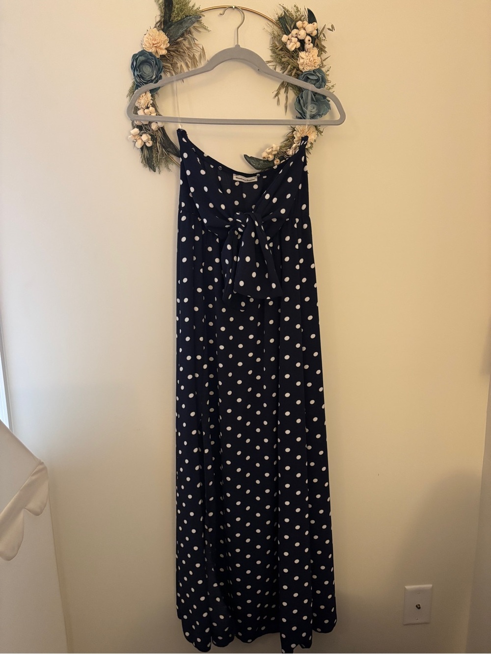 Vici Navy Blue Polka Dot Maxi Dress with Front Tie